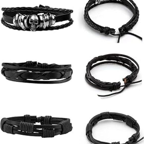 6 Punk Leather Bracelets for Women Men Braided Wristband Skull Skeleton - Picture 2 of 3